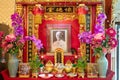 Phlapphla Chai Bangkok, Thailand - 27 January 2019: Ancestor warship or ancestor veneration offering for Ergefeng Zheng Zhiyong