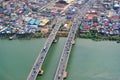 Cambodia, Phnom Penh - Bridges over Tonle Bassac River to slums and market halls.