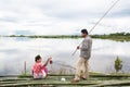 Image of lake in Asia , couple portrait. Fisherman in lake. Traditional countryside in rural part of Cambodia