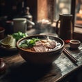 Pho Bo Beef Pho On Stone In Rustic Pub. Generative AI