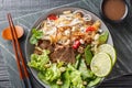 Pho Bo Tron Mixed beef noodles salad is a popular dish in Vietnamese cuisine closeup on the bowl. Horizontal top view