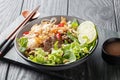 Pho Bo Tron Mixed beef noodles salad is a popular dish in Vietnamese cuisine closeup on the bowl. Horizontal