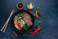 Pho bo, Vietnamese food, rice noodle soup with sliced beef