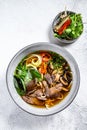 Pho Bo Vietnamese fresh rice noodle soup with beef, herbs and chili. White background. Top view