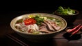 Pho Bo vietnamese soup with beef and noodles on a wooden background