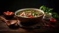 Pho Bo vietnamese soup with beef and noodles on a wooden background