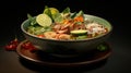 Pho Bo vietnamese soup with beef and noodles on a wooden background