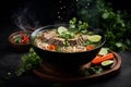 Pho Bo vietnamese soup with beef and rice noodles in bowl on dark background. Commercial promotional food photo Royalty Free Stock Photo