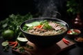 Pho Bo vietnamese soup with beef and rice noodles in bowl on dark background. Commercial promotional food photo Royalty Free Stock Photo