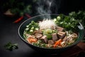 Pho Bo vietnamese soup with beef and rice noodles in bowl on dark background. Commercial promotional food photo Royalty Free Stock Photo