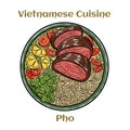 Pho Bo vietnamese soup with beef and rice noodles. Isolated vector illustration Royalty Free Stock Photo