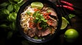 Pho dish top-down, steaming bowl of rice noodles and tender beef slices in a savory broth, served with fresh herbs