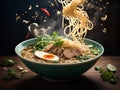 Delicious Pho noodle, Ramen, broth, soup, floating in the air, Cinematic advertising photography