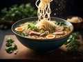 Delicious Pho noodle, Ramen, broth, soup, floating in the air, Cinematic advertising photography