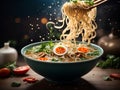 Delicious Pho noodle, Ramen, broth, soup, floating in the air, Cinematic advertising photography