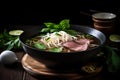 Pho, a savory made with rice noodles, herbs, and thinly sliced meet, Generative AI Vietnamese dish