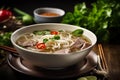 Pho, a savory made with rice noodles, herbs, and thinly sliced meet, AI generative Vietnamese dish