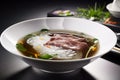 Pho, a savory made with rice noodles, herbs, and thinly sliced meet, AI generative Vietnamese dish