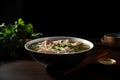 Pho, a savory made with rice noodles, herbs, and thinly sliced meet, AI generative Vietnamese dish