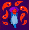 Phobia of ghosts and spirits paranormal vector illustration, girl scared in panic attack surrounded with imaginary ghosts flying