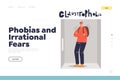 Phobia and irrational fear concept of landing page with man suffering from claustrophobia, scared of small spaces