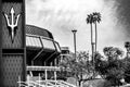 Phoenix, Arizona, USA - 3.23.2024: Focus on Sundevil logo with distant view of Arizona State University Desert Financial Royalty Free Stock Photo