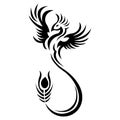 Phoenix bird black silhouette drawn by ornate lines in a flat style. Bird tattoo, firebird logo, emblem for fashion design