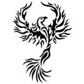 Phoenix bird black silhouette drawn by ornate lines in a flat style. Bird tattoo, firebird logo, emblem for fashion design Royalty Free Stock Photo