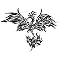 Phoenix bird in flight black silhouette drawn by decorative lines in a flat style. Bird tattoo, firebird logo, emblem