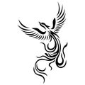 Phoenix bird in flight black silhouette drawn by ornate lines in a flat style. Tattoo bird, firebird logo, emblem Royalty Free Stock Photo