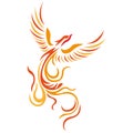 Phoenix bird in flight bright silhouette drawn by ornate lines in a flat style. Bird tattoo, firebird logo, emblem