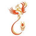 Phoenix bird of orange color silhouette drawn by ornate lines in a flat style. Bright bird tattoo, firebird logo, emblem