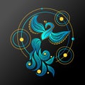 Phoenix bird.Peacock flaing bird vector illustration.Firebird geometrical tattoo design. Royalty Free Stock Photo