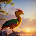 Phoenix bird. Sunset in a misty forest on background. Generative AI Royalty Free Stock Photo