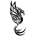 Phoenix black silhouette drawn by various lines in a flat style. Tattoo, firebird logo, emblem for clothing design, sticker