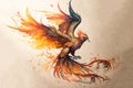 Phoenix comes out of fire drawing with bit of watercolour Royalty Free Stock Photo