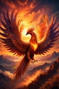 a phoenix dancing in the hues of a magical sunset, casting a warm