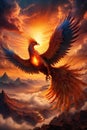 a phoenix dancing in the hues of a magical sunset, casting a warm