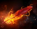 A phoenix feather, its quill pointing forward, leaving a trail of flames that signify movement and progression , advertise photo