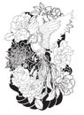Phoenix fire bird with Peony flower and rose on cloud and wave background. Hand drawn Japanese tattoo style. Beautiful pho