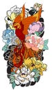 Phoenix fire bird with Peony flower and rose on cloud and wave background.Hand drawn Japanese tattoo style.Beautiful pho