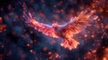 Phoenix illustration with a fiery wingspan amidst a starry backdrop.