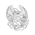 Phoenix Mythological Bird Regenerates on Fire Front Line Art Drawing Black and White