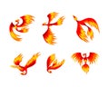 Phoenix with Red Flamed Wings and Feather as Immortal Bird from Greek Mythology Vector Set Royalty Free Stock Photo