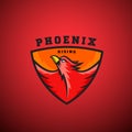 Phoenix Rising Abstract Vector Logo Template. Flying Fire Bird Illustration in a Shield. Royalty Free Stock Photo