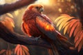 a phoenix roosting on a branch, its bright red and orange plumage shining in the sunlight