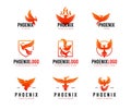 Phoenix silhouette emblems. Burning mythical creature, bird logo and labels templates, stylized graphic element, rebirth symbol Royalty Free Stock Photo