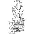 Phoenix sits on a stack of books near the hourglass sketch vector illustration