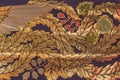 Phoenix tail embroidered with gold threads on a japanese noren curtain in the Shushoin Temple of the Hokkeshu sect in Tokyo Royalty Free Stock Photo