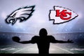 PHOENIX, USA, 30 JANUARY 3, 2023: Philadelphia Eagles vs. Kansas City Chiefs. Silhouette of NFL player of american football.